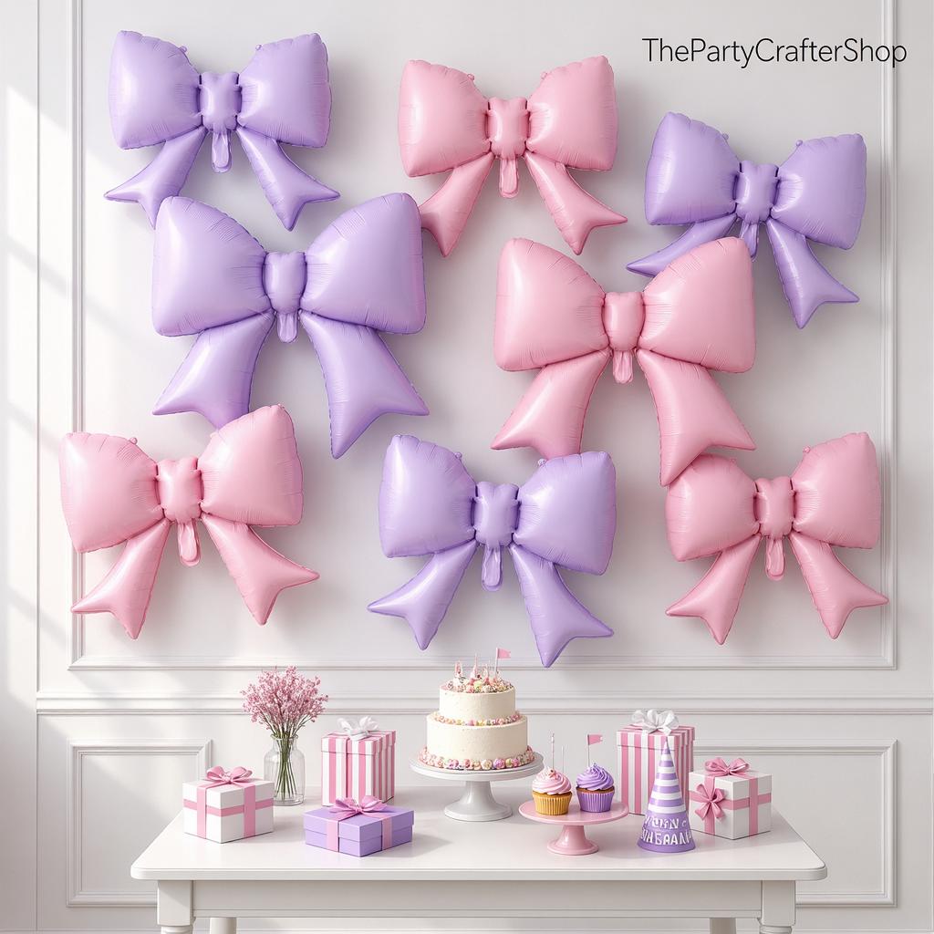 8 Pc Pink Purple Bow Foil Balloons | Pastel Party Decorations, Birthday, Baby Shower, Wedding