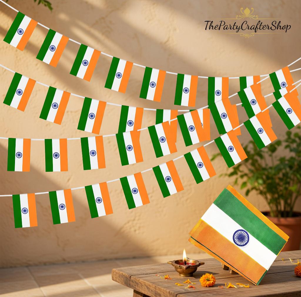 Indian Flag Banner Garland, 38 Mini Flags, Independence Day Party Decor