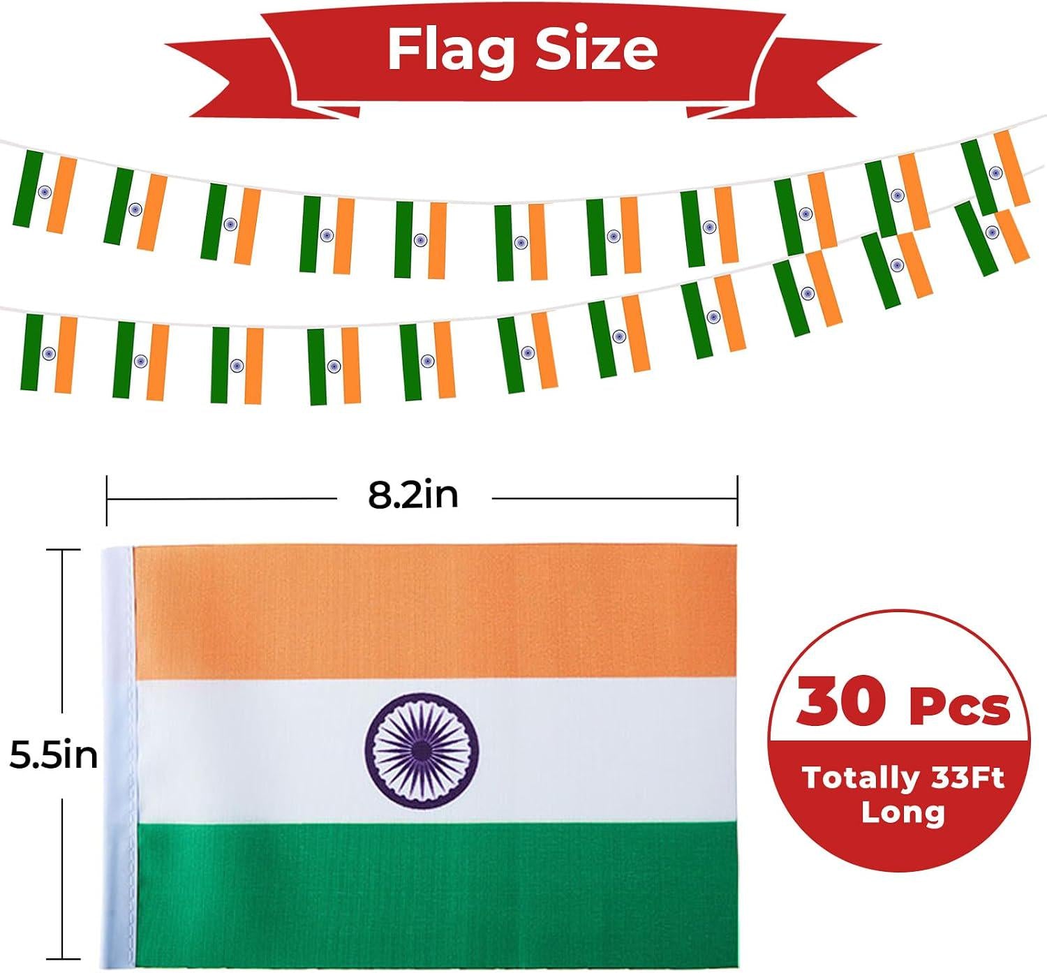India Flag Banner Garland, 30 Mini Polyester Flags, 33 Feet Patriotic Party Decor