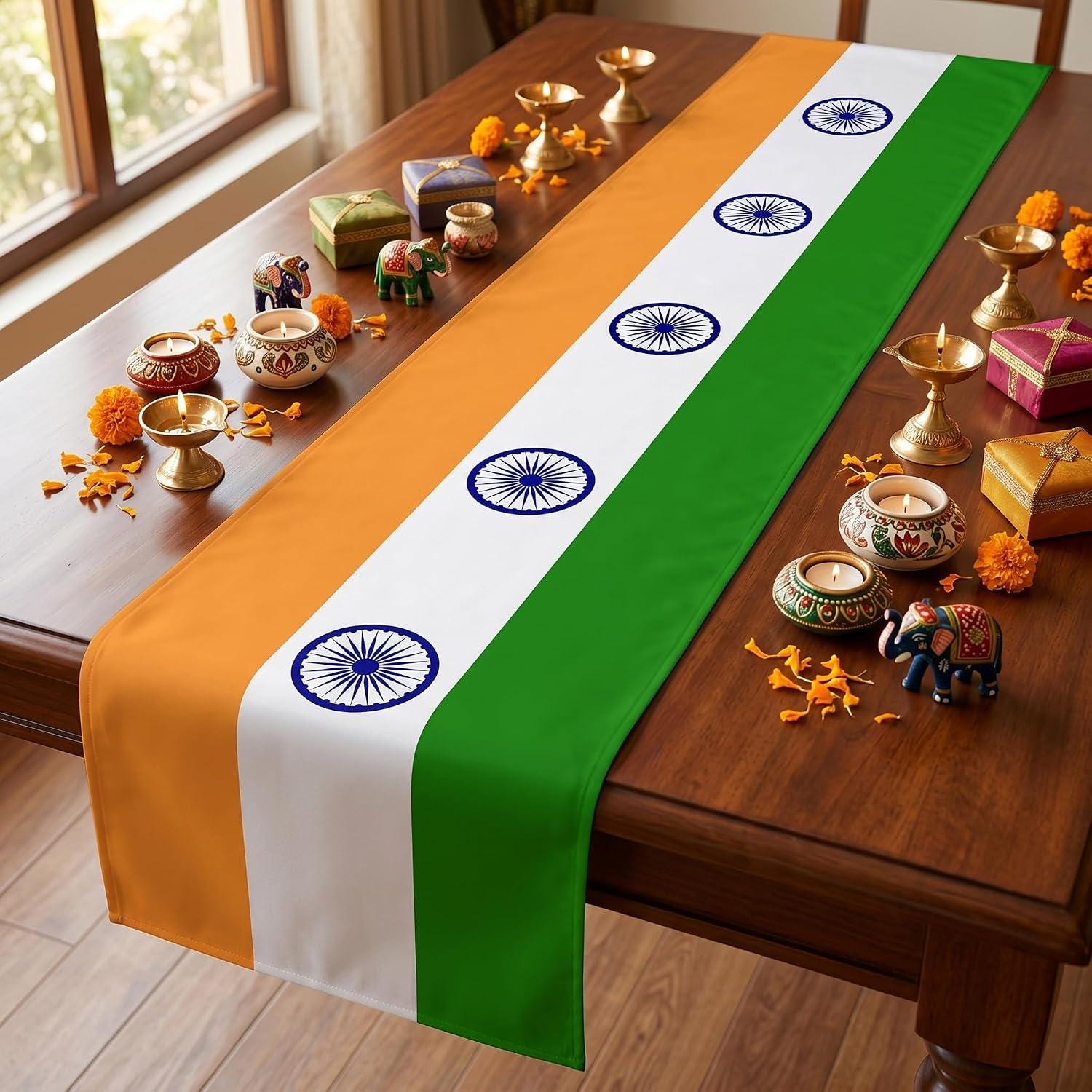 India Flag Table Runner, Tricolor Patriotic Celebration Dining Decoration (2 Pcs)