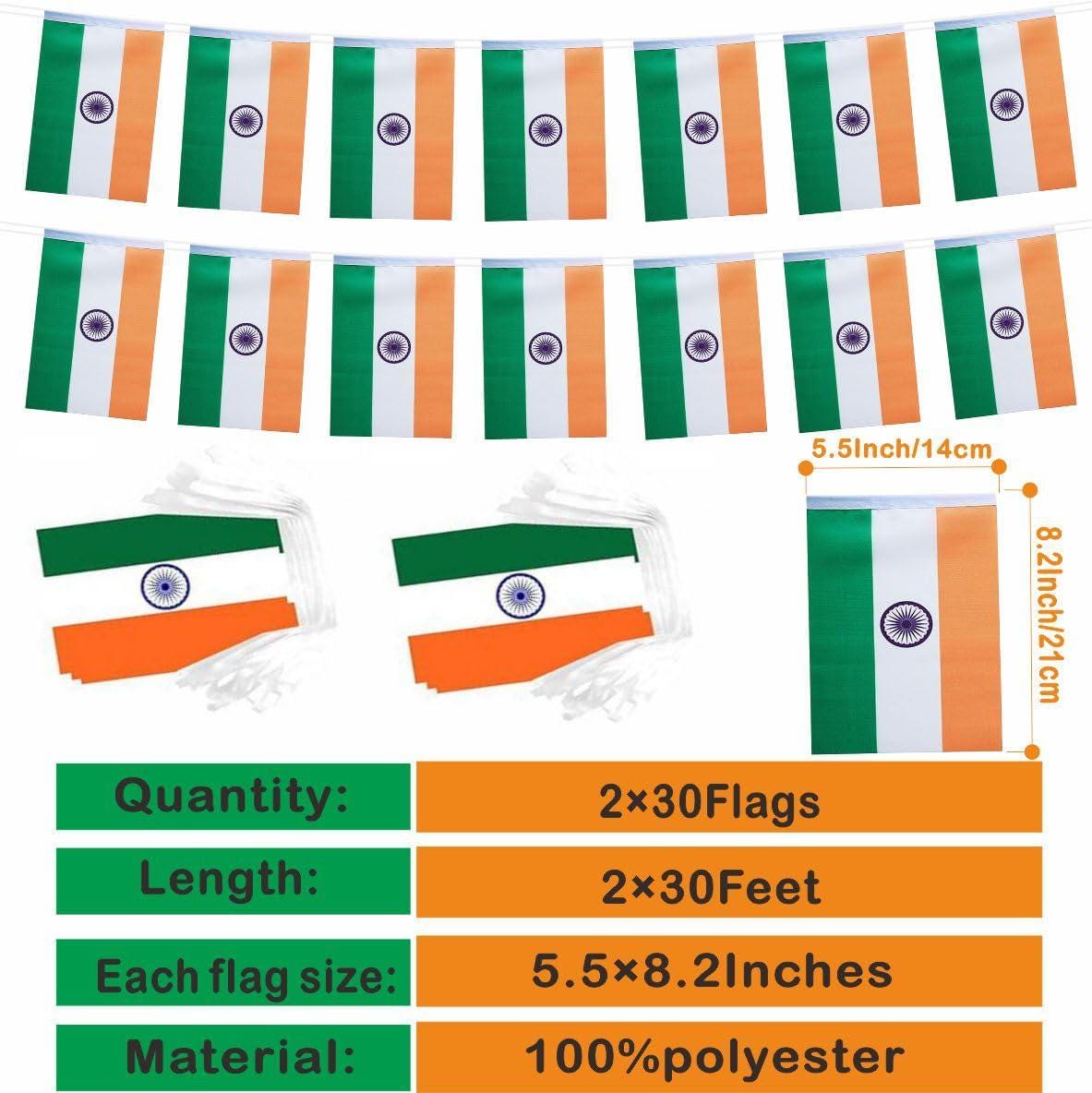 2 Pack Indian Flag Banner, 60 Ft Patriotic Garland, 60 Flags Celebration Decor
