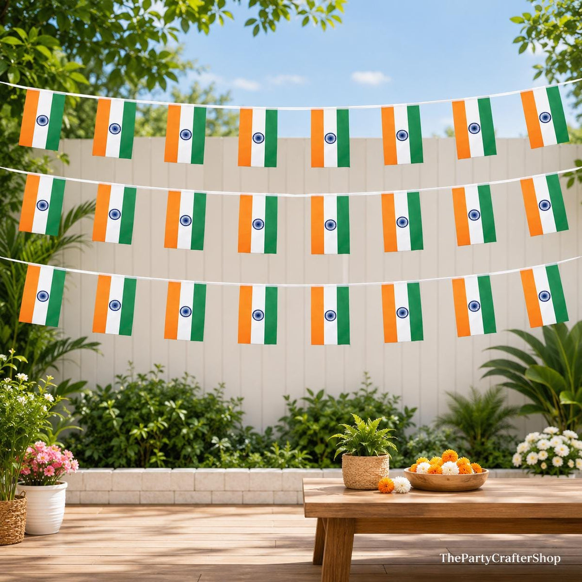India Flag Banner, 50 Ft Patriotic Pennant, 38 Mini Flags, Indoor Outdoor Party Decor