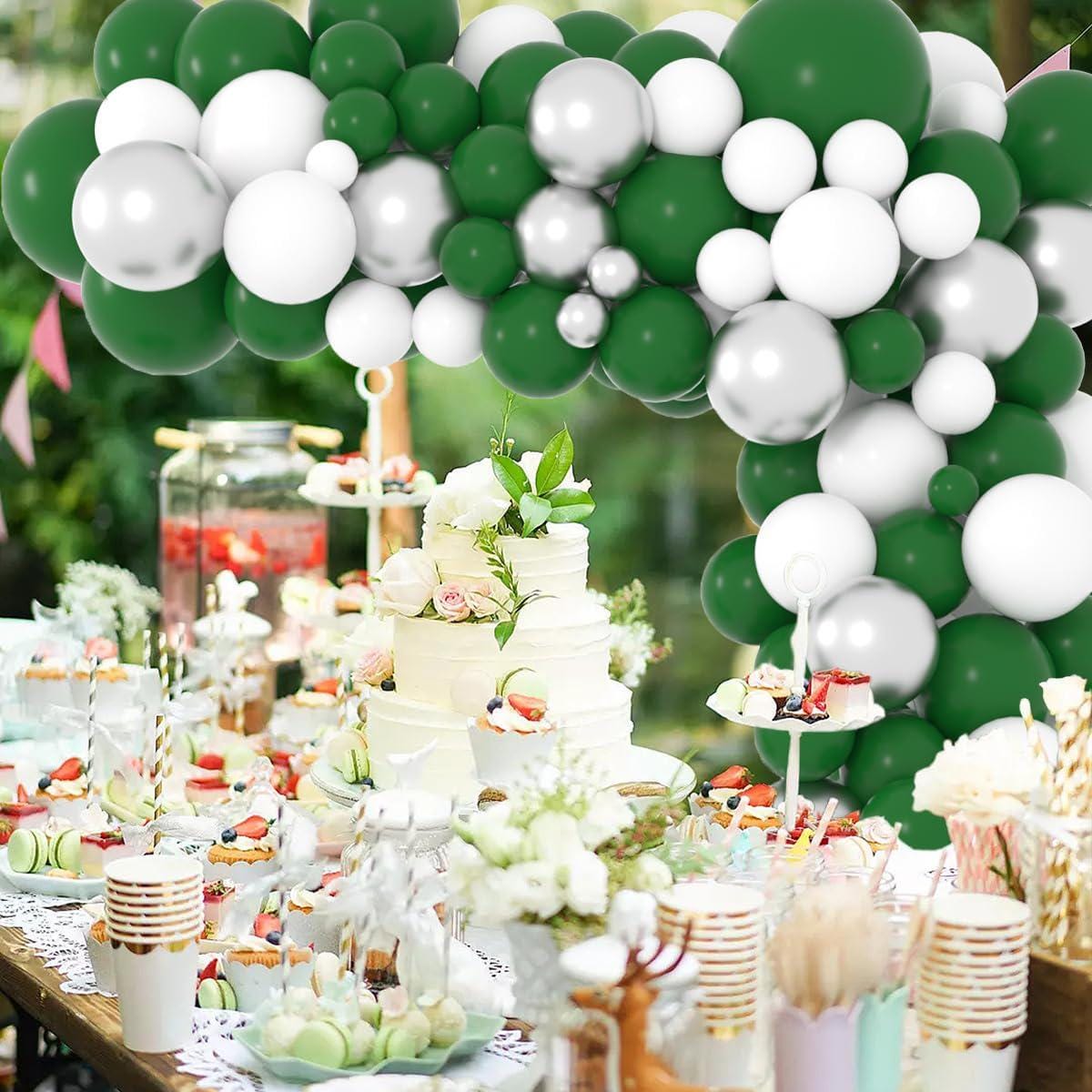 Dark Green White Silver Balloon Arch Garland Kit, Forest Metallic Party Decor