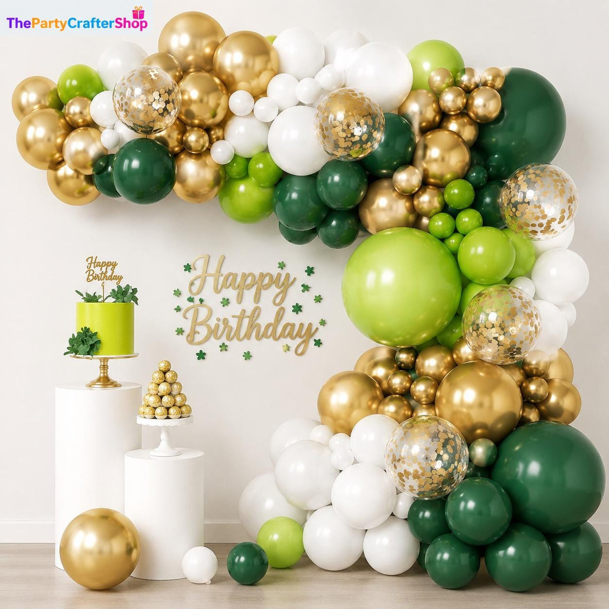 Green White Gold Balloon Garland Arch Kit, Safari Jungle Birthday Party Decor