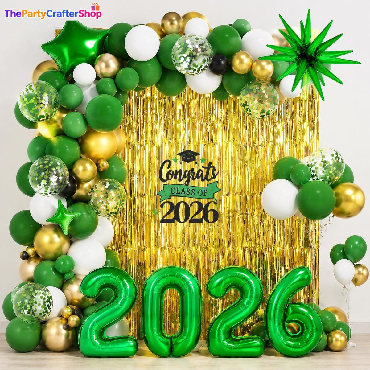 Graduation Balloon Garland Arch Kit, Dark Green Gold White, Class of 2026 Party Decorations