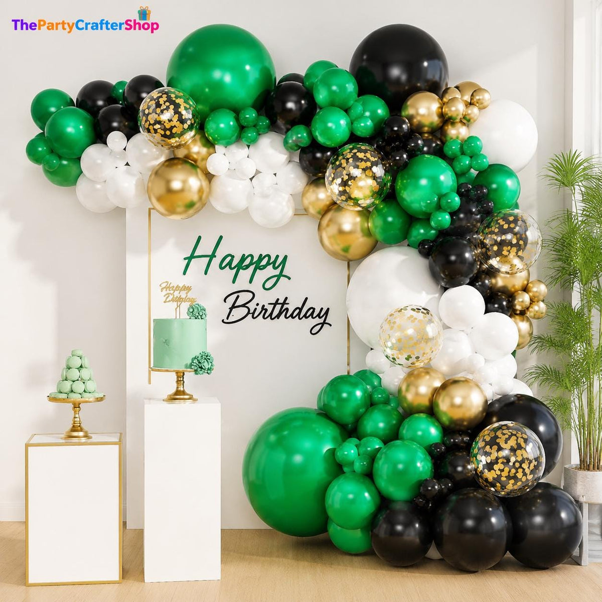 Green Black Gold Balloon Arch Kit, Lime Matte Confetti Garland, Birthday Football Decor