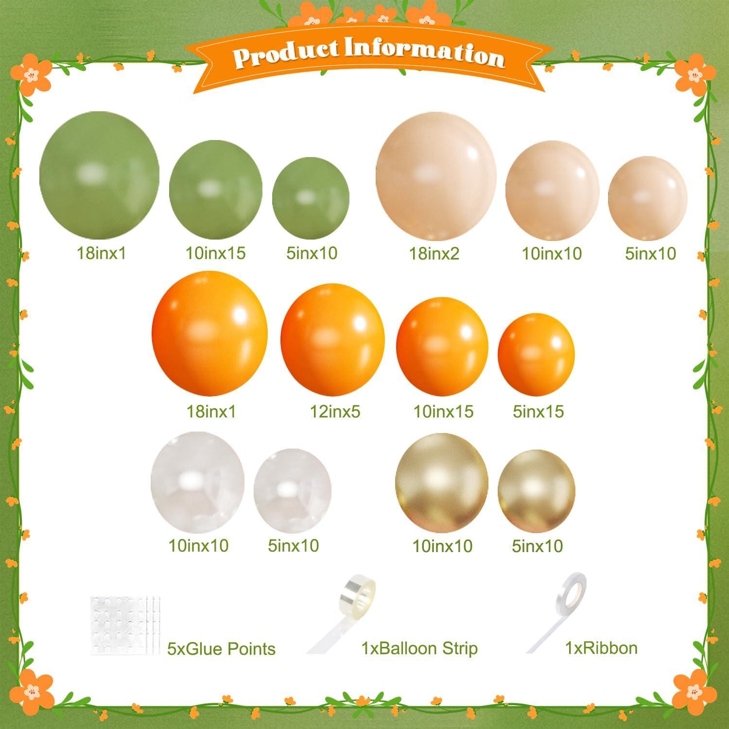 124Pcs Orange Green Balloon Arch Kit, Sage Green Nude Gold Pearl White Balloon Garland, Bridal Shower Baby Shower Party Decor