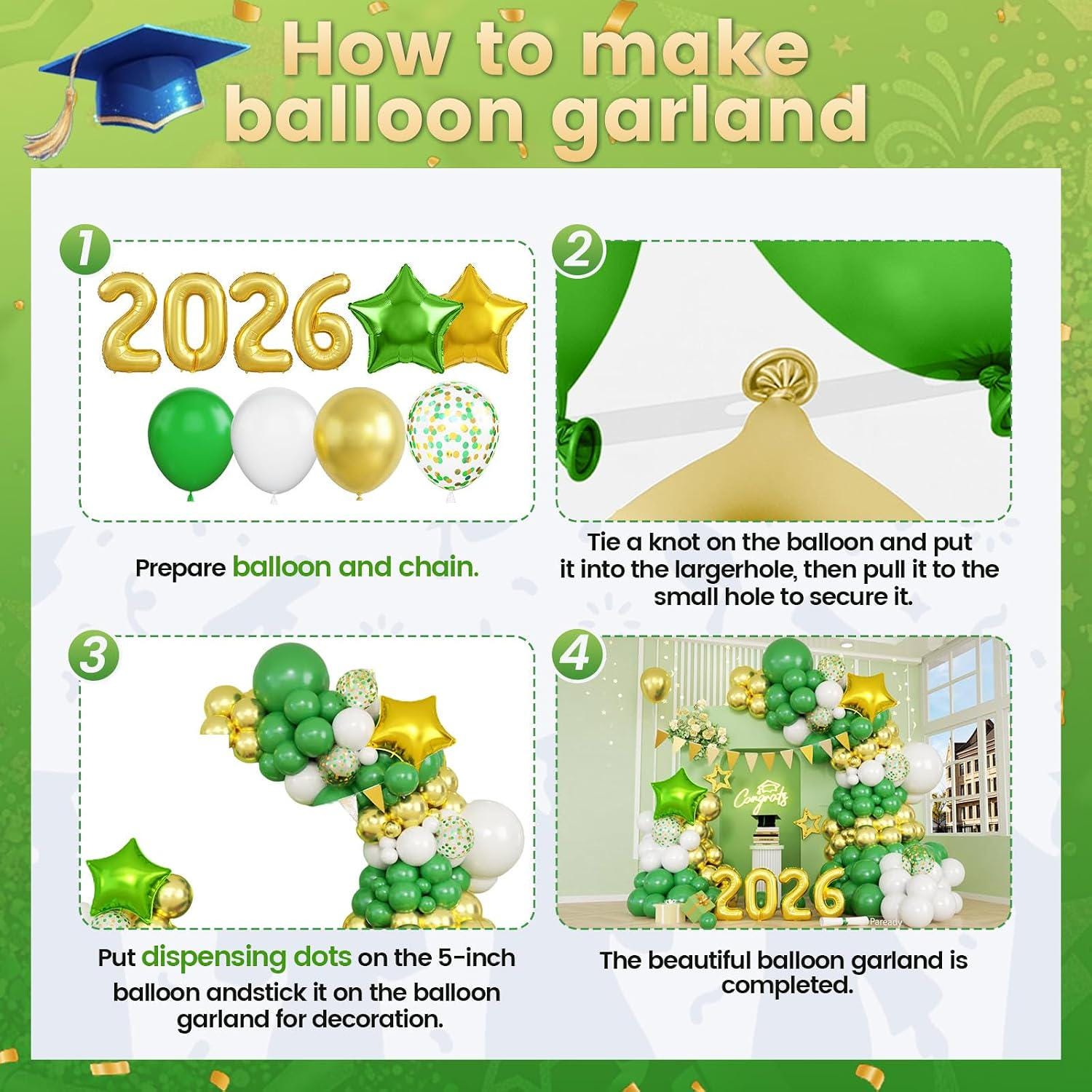 Green Gold Graduation Balloon Garland Kit, Class of 2026 Party Decoration
