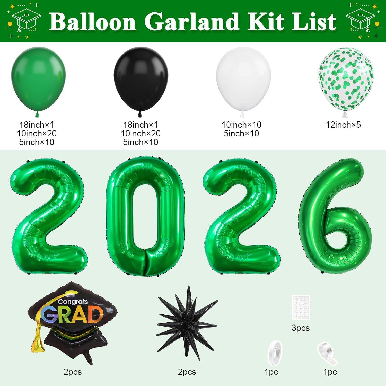 Graduation Balloon Garland Kit, Class of 2026 Green Black White Arch Party Decoration