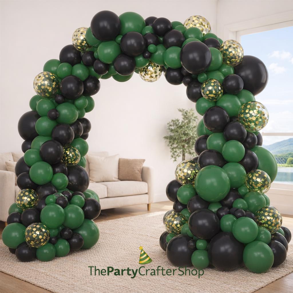 Dark Green Black Gold Confetti Balloon Arch Garland Kit, Safari Jungle Birthday Party Decor
