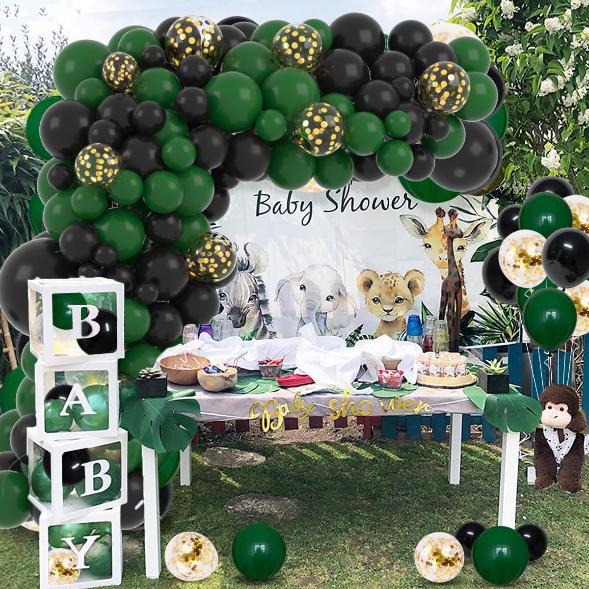 Dark Green Black Gold Confetti Balloon Arch Garland Kit, Safari Jungle Birthday Party Decor