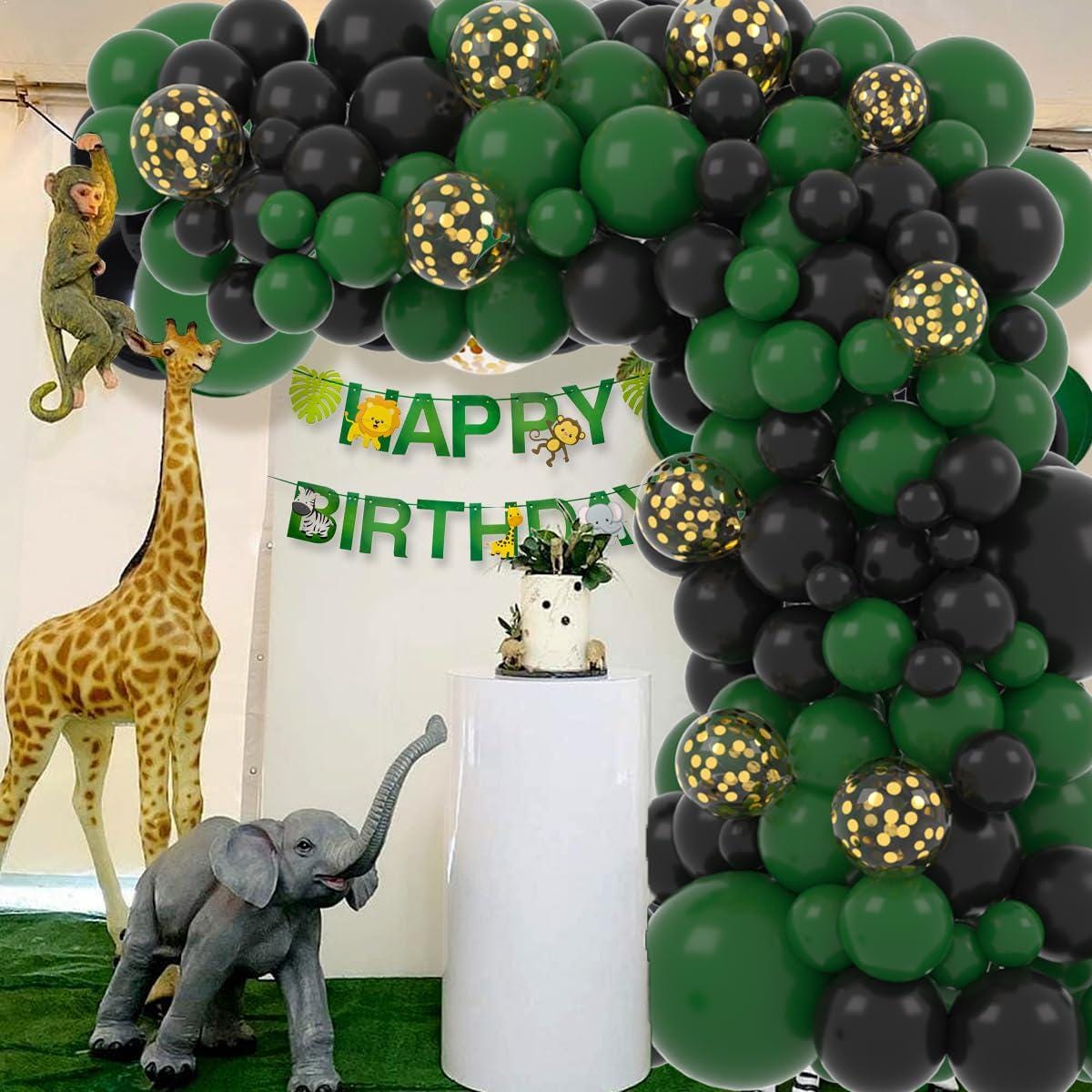 Dark Green Black Gold Confetti Balloon Arch Garland Kit, Safari Jungle Birthday Party Decor