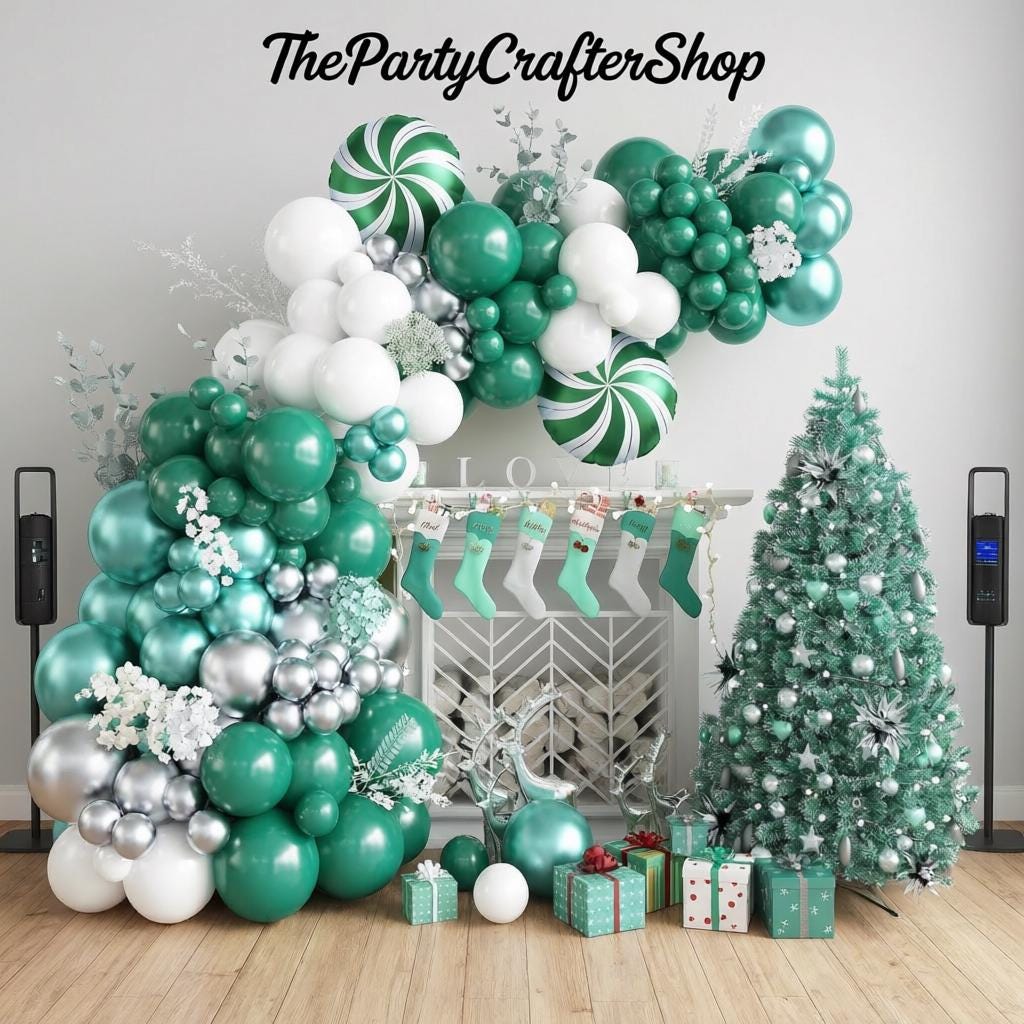 Green Christmas Balloon Arch Kit, White Silver Garland, Holiday Party Decor