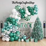 Green Christmas Balloon Arch Kit, White Silver Garland, Holiday Party Decor