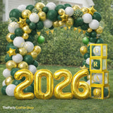 Graduation Balloon Arch Kit, Green Gold Garland, Silver 2026 Foil Numbers, GRAD Box Backdrop