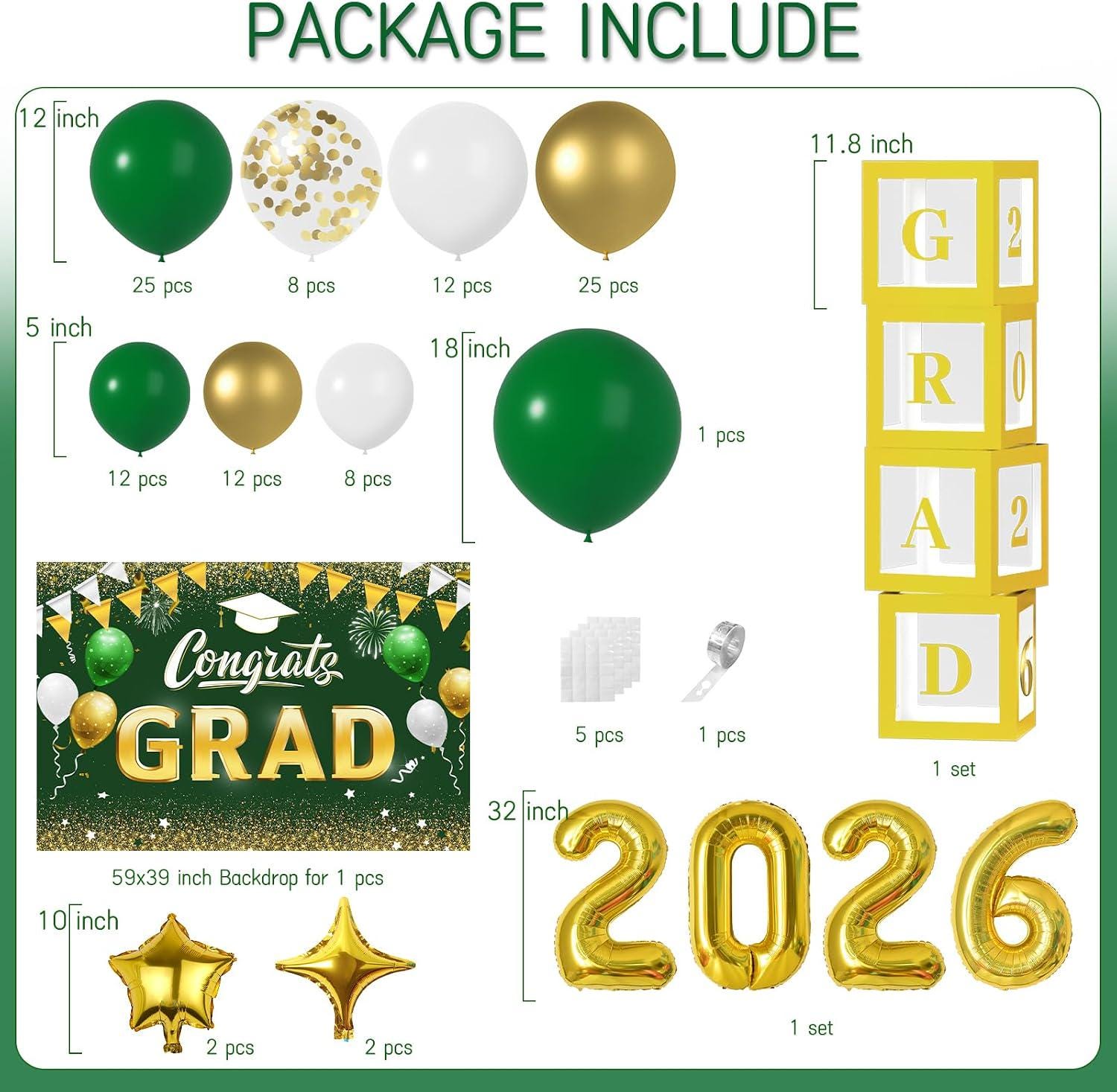 Graduation Balloon Arch Kit, Green Gold Garland, Silver 2026 Foil Numbers, GRAD Box Backdrop
