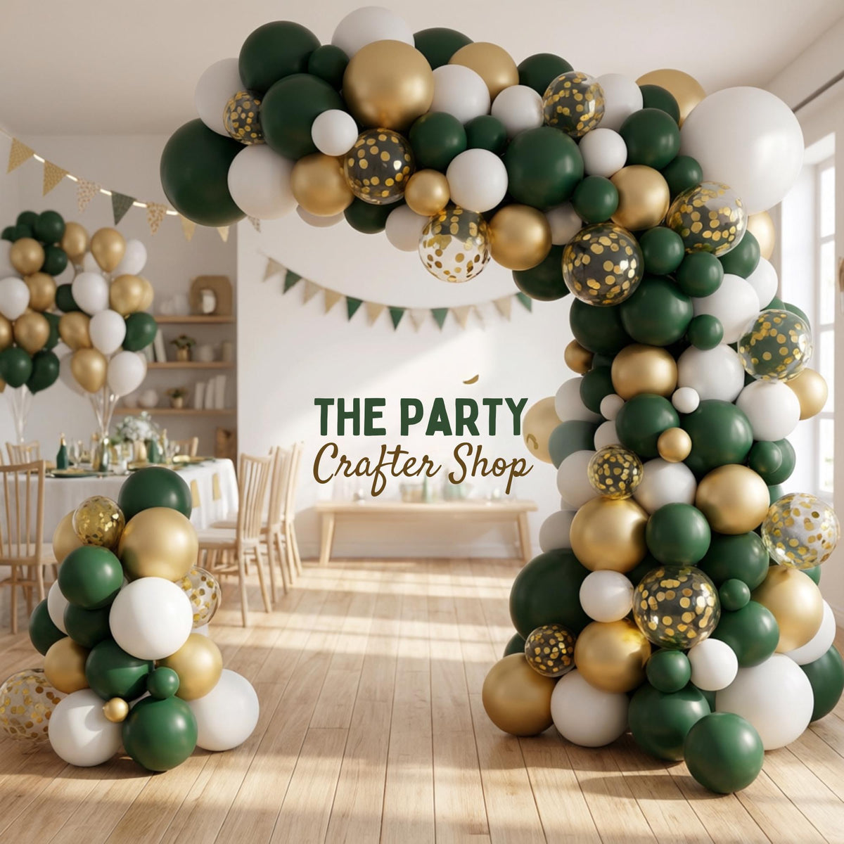 Dark Green Gold Balloon Arch Kit, White Metallic Confetti Garland, Birthday Wedding Decor