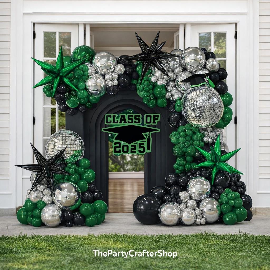 Dark Green Black Silver Balloon Arch Kit, Disco Ball Star Garland, Graduation Party Decoration