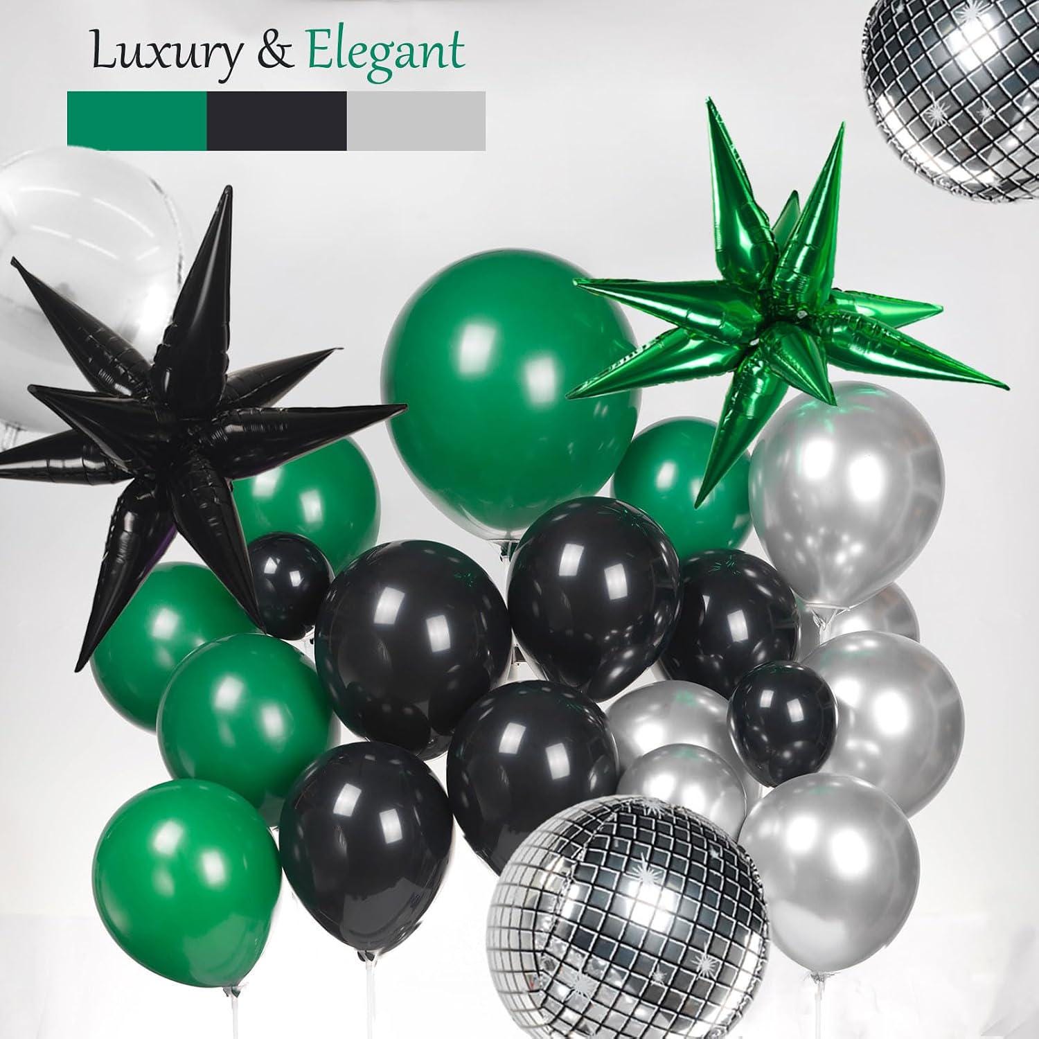 Dark Green Black Silver Balloon Arch Kit, Disco Ball Star Garland, Graduation Party Decoration