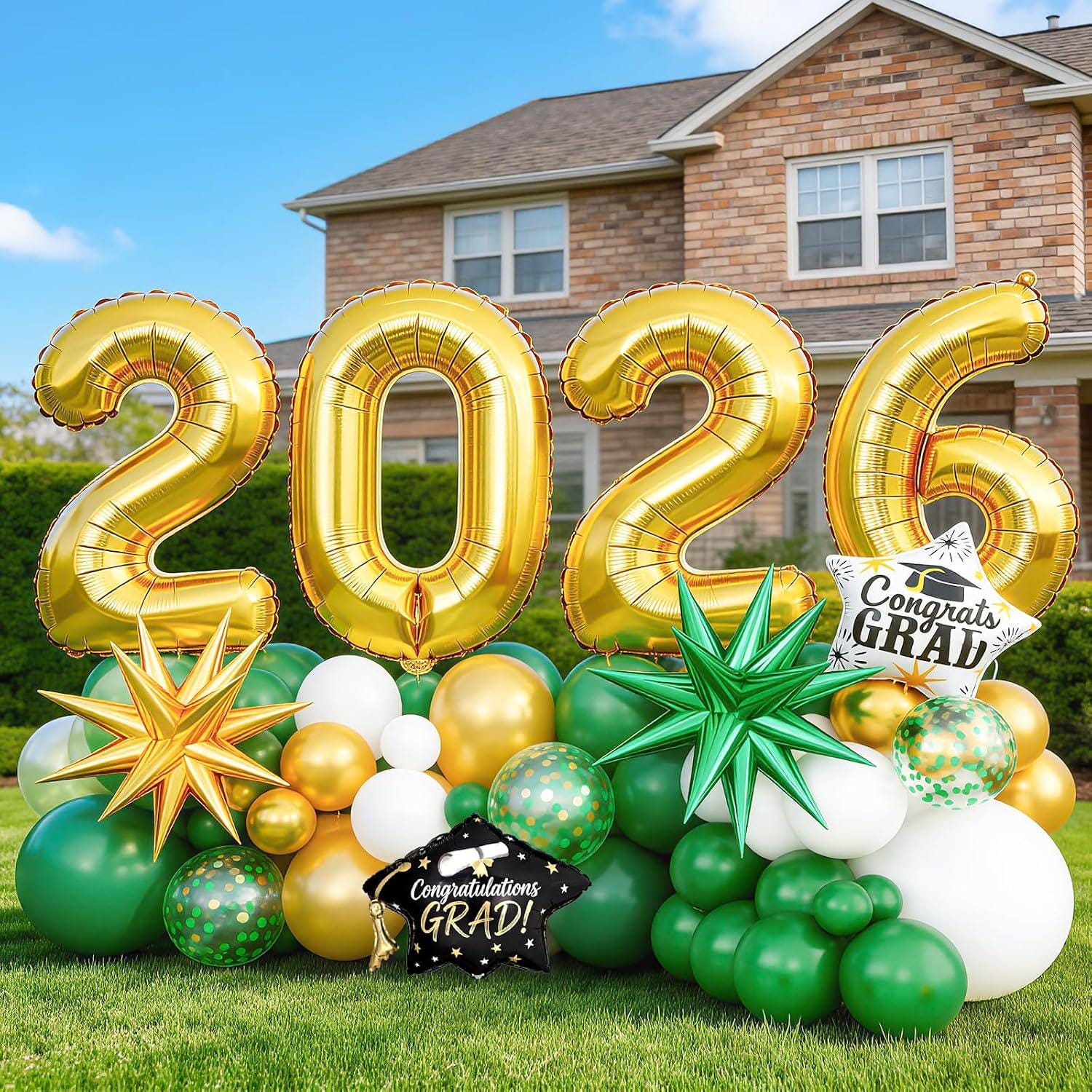 Green Gold Graduation Balloon Arch Kit, Class of 2026 Garland, Foil Star Party Decor