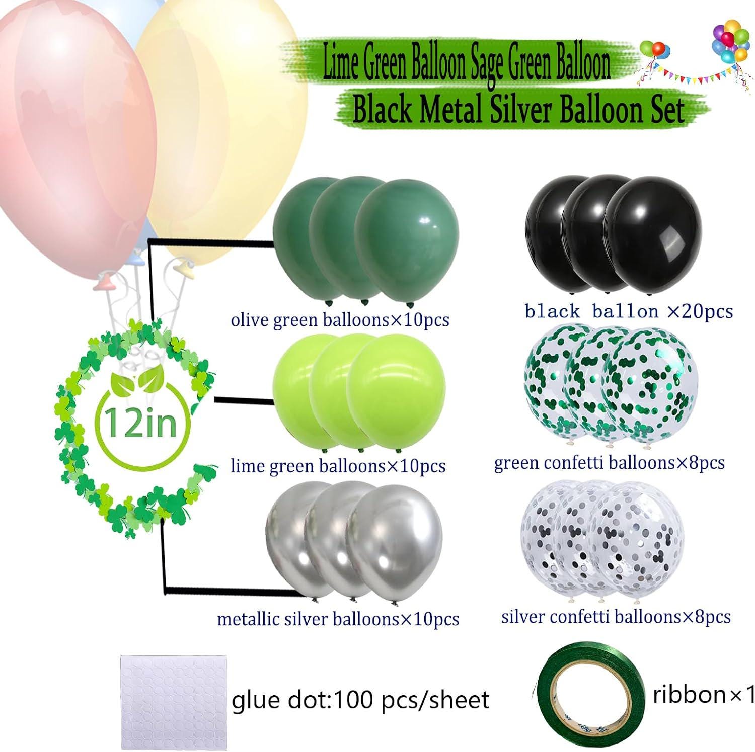 Black Green Silver Balloon Arch Kit, Lime Sage Garland, Birthday Party Decor