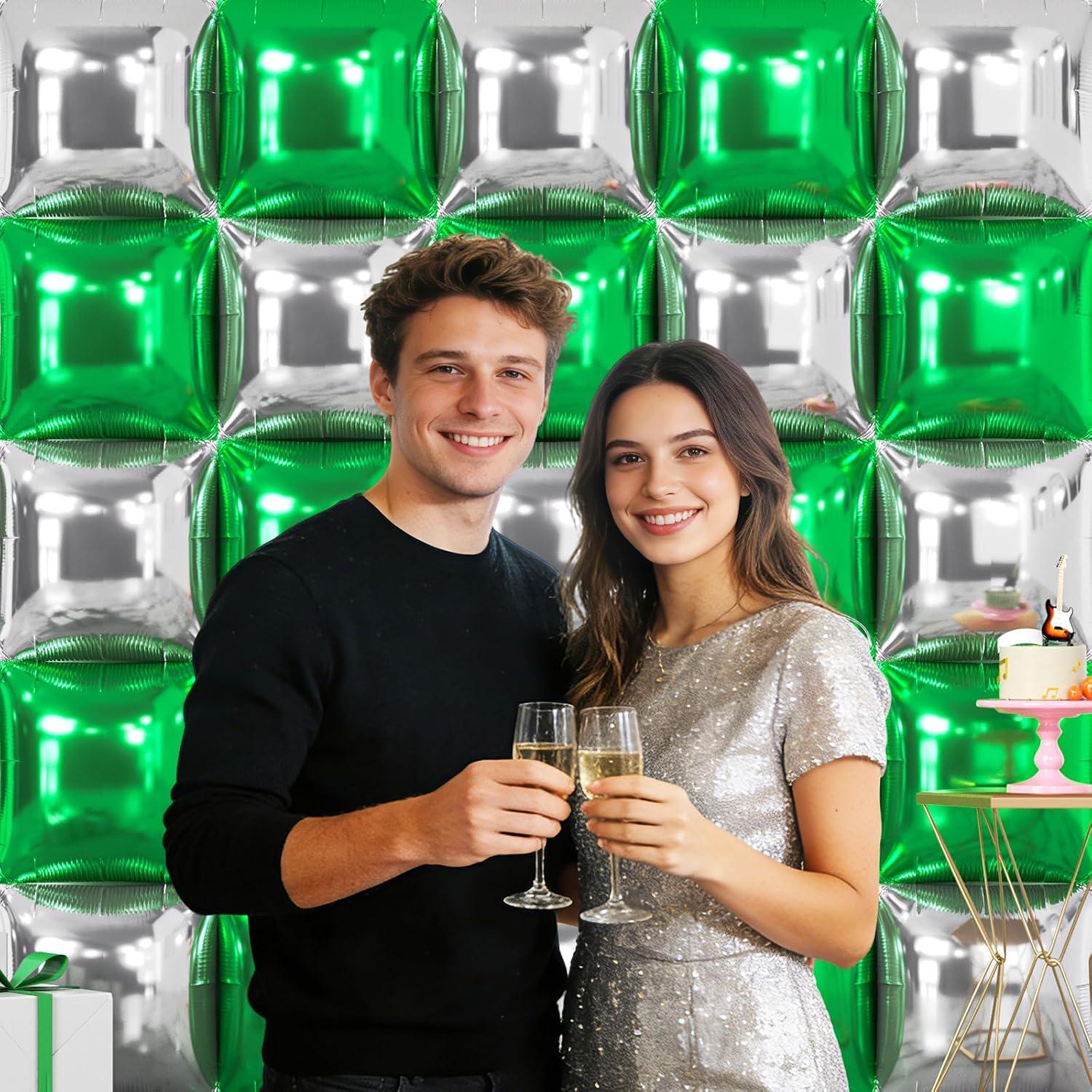 Green Silver Square Foil Balloon Backdrop, Double Sided Arch Decor Party Supplies