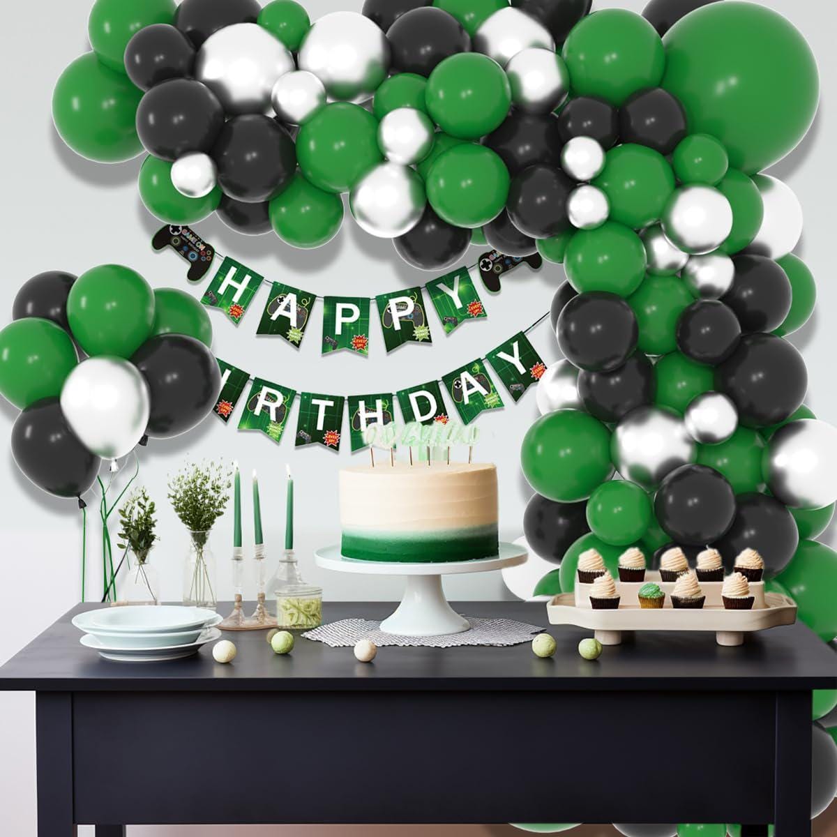 Forest Green Black Silver Balloon Arch Garland Kit, Party Decor