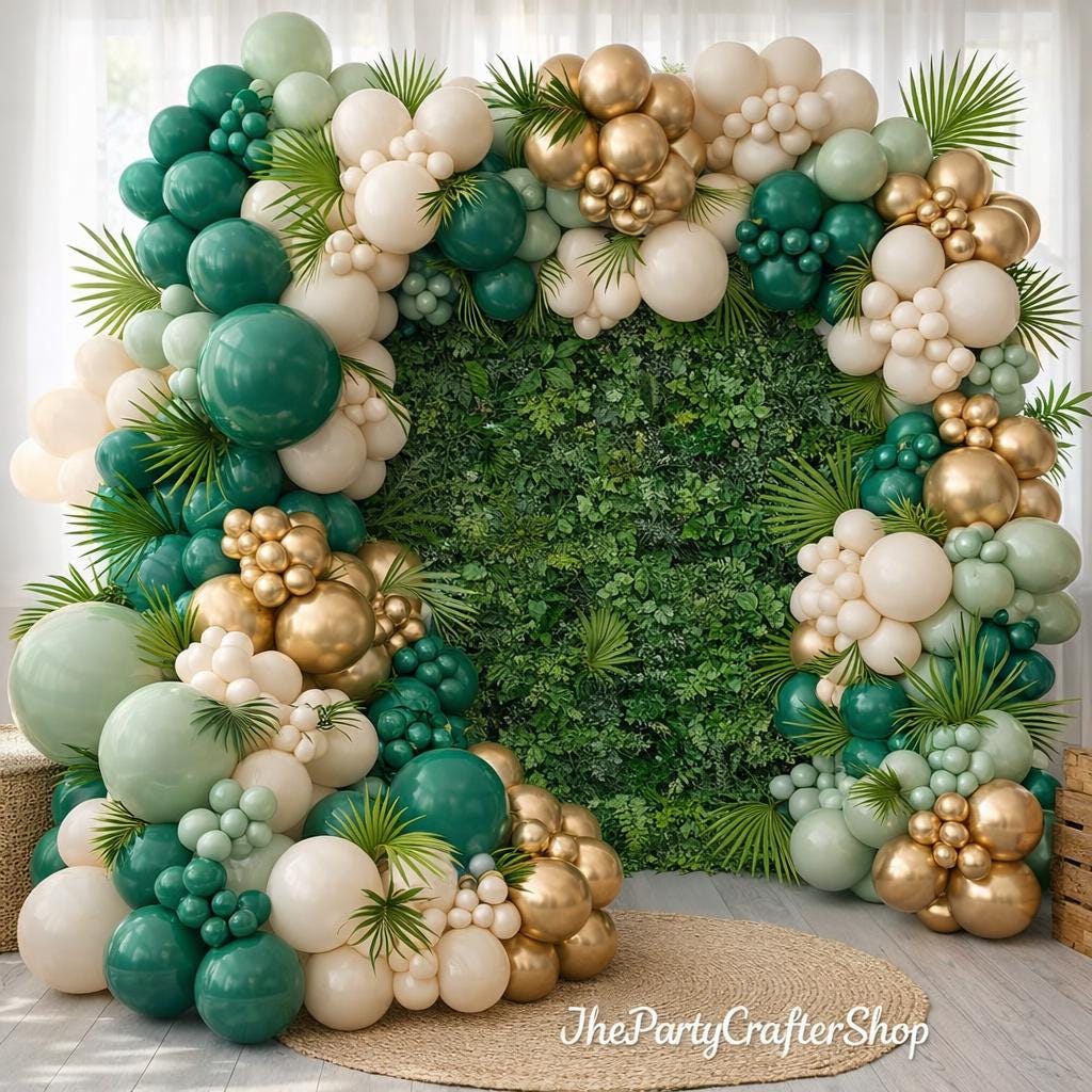 Emerald Green Gold Balloon Arch Kit, Sage Olive White Garland, Jungle Safari Party Decor