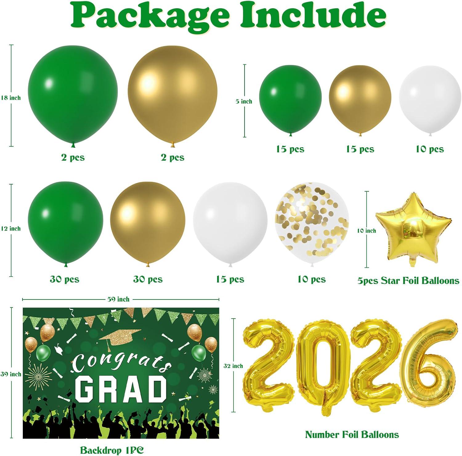 Class of 2026 Graduation Balloon Arch Kit, Green Gold Congrats Grad Party Backdrop Decorations