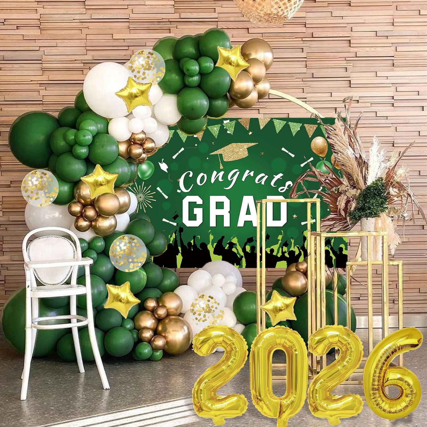 Class of 2026 Graduation Balloon Arch Kit, Green Gold Congrats Grad Party Backdrop Decorations
