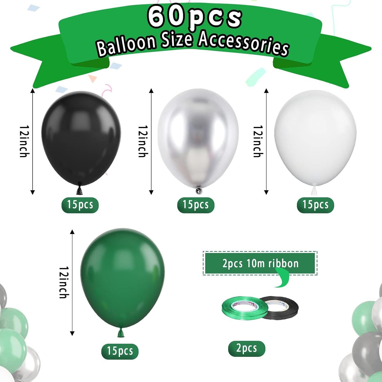 Green Black White Metallic Silver Balloon Set, Graduation Party Supplies