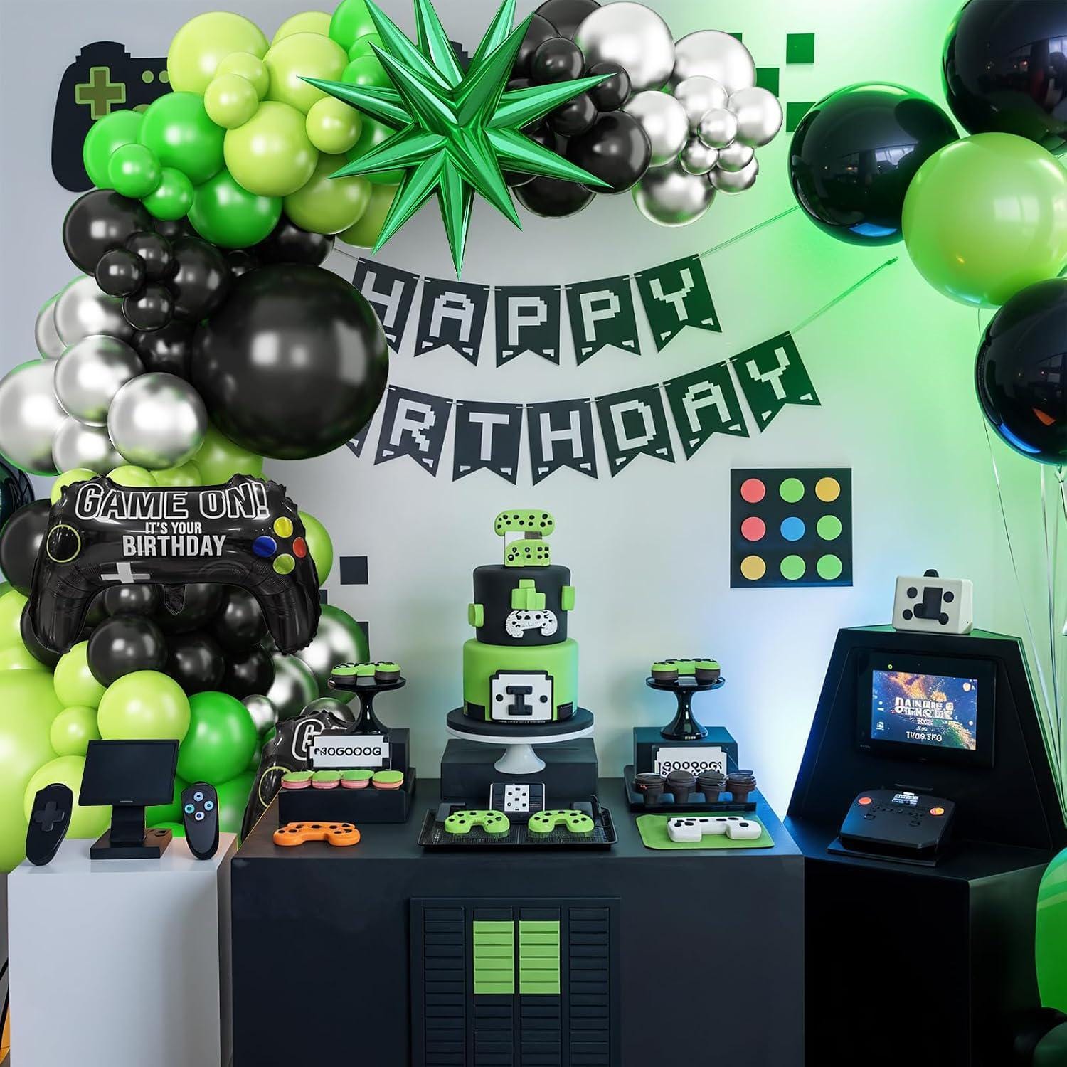 Video Game Balloon Arch Kit, Green Silver Garland, Controller Foil Balloons, Boys Birthday Party Decor