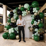 Dark Green Black Gold Balloon Arch Kit, Double Stuffed Sage Olive Garland, Jungle Birthday
