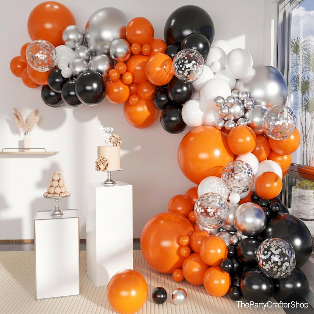 Orange Black Silver Balloon Arch Kit, Confetti Garland, Birthday Party Decoration