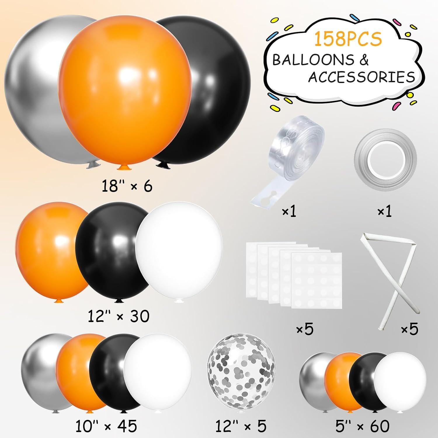 Orange Black Silver Balloon Arch Kit, Confetti Garland, Birthday Party Decoration