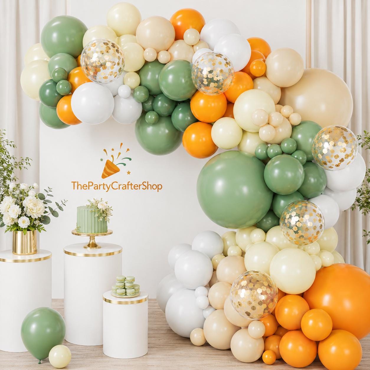 Sage Green Orange Balloon Garland Arch Kit, Pastel Bridal Shower Wedding Decor