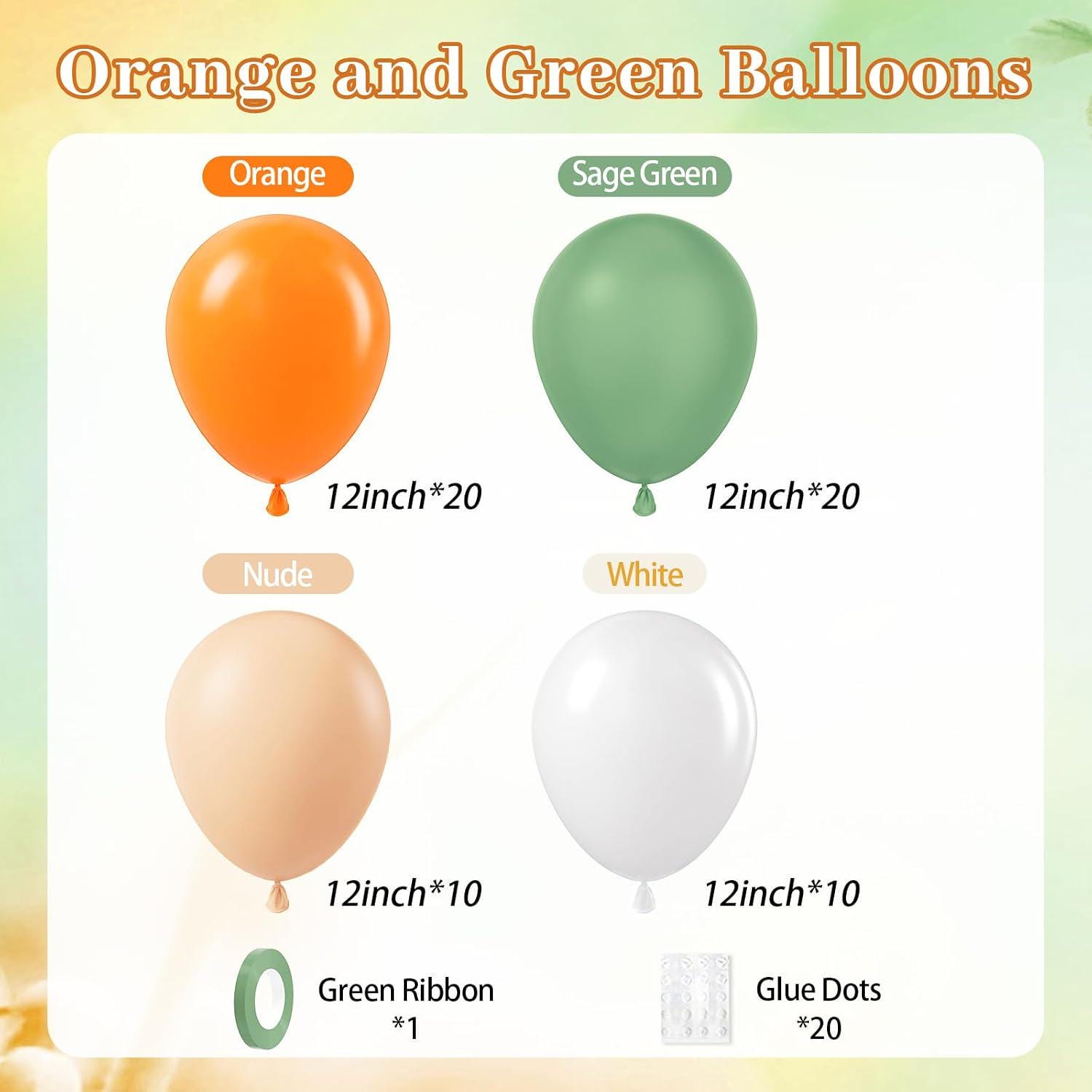 60Pcs Sage Green Orange Balloon Set, Nude White Latex Balloons, Baby Shower Birthday Party Decoration Supplies