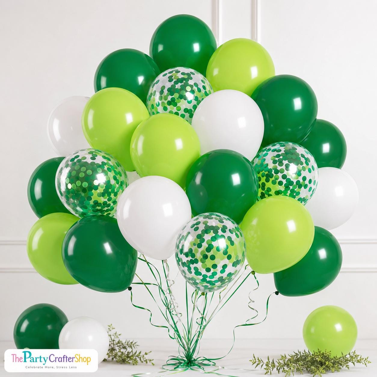Green Balloon Set, Dark Lime Confetti, White Party Decor