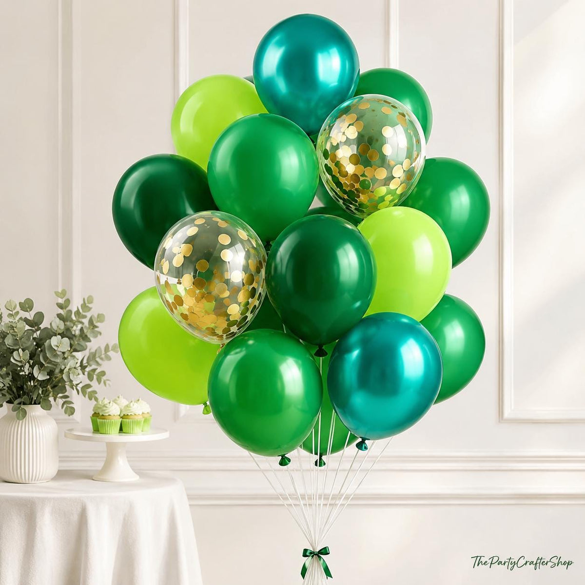 Green Balloon Set, Emerald, Hunter, Forest, Metallic Gold Confetti, Party Decor