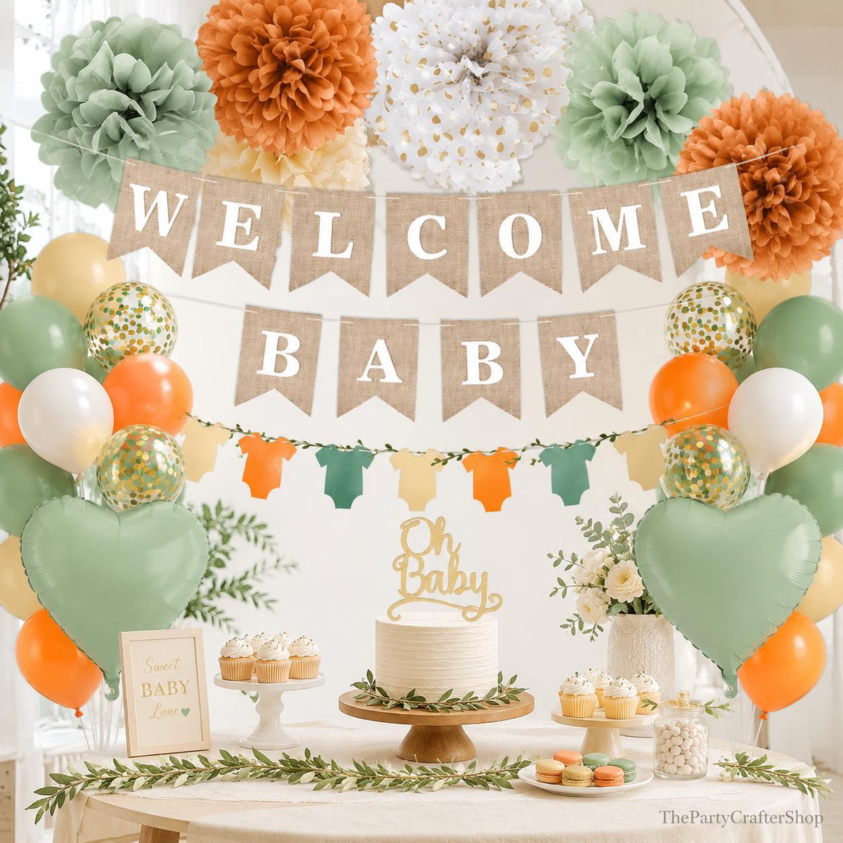 Boho Orange Green Shower Decor Kit, Welcome Banner, Oh Baby Cake Topper