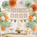 Boho Orange Green Shower Decor Kit, Welcome Banner, Oh Baby Cake Topper
