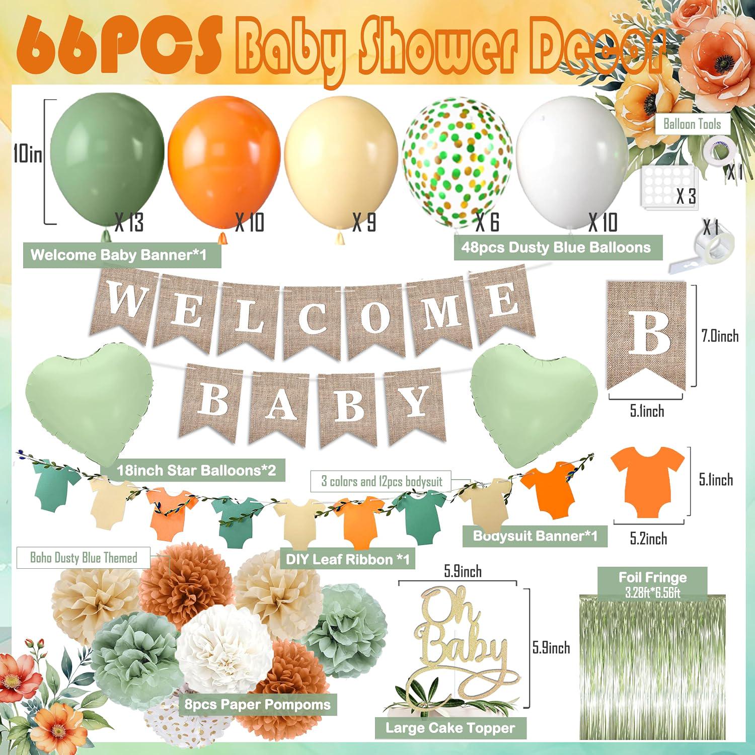 Boho Orange Green Shower Decor Kit, Welcome Banner, Oh Baby Cake Topper