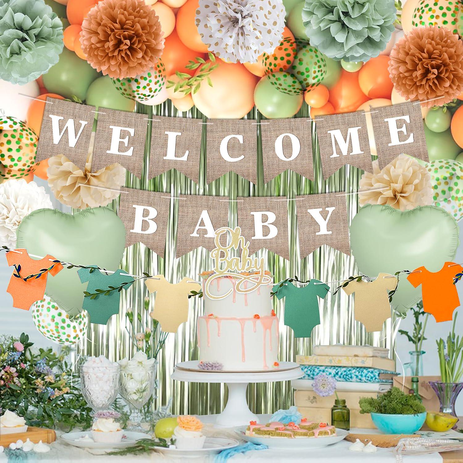 Boho Orange Green Shower Decor Kit, Welcome Banner, Oh Baby Cake Topper