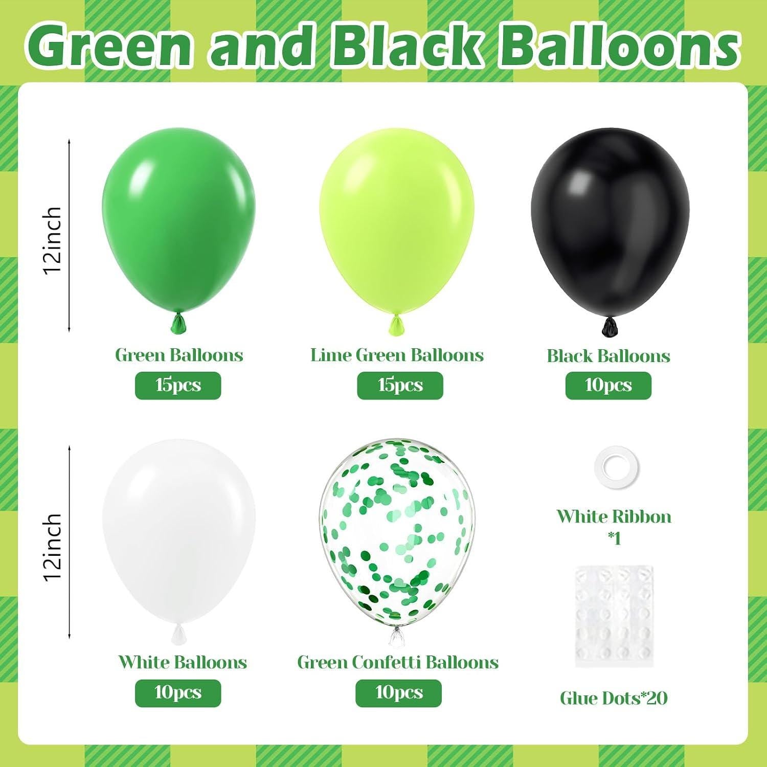 Green Black Confetti Balloon Set, Lime White Latex Balloons, Football Party Decor