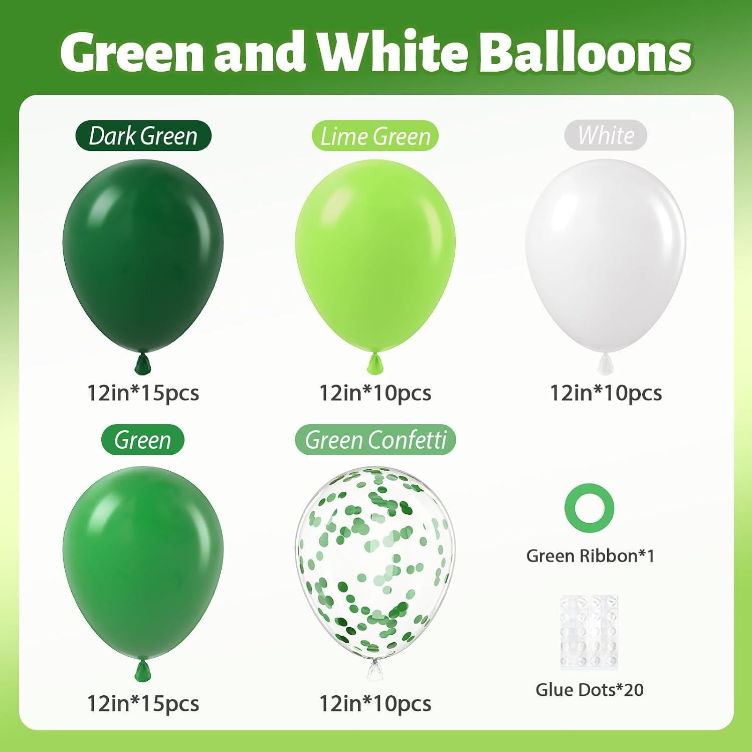 Green Balloon Set, Lime, Dark Green, White Confetti Party Decor