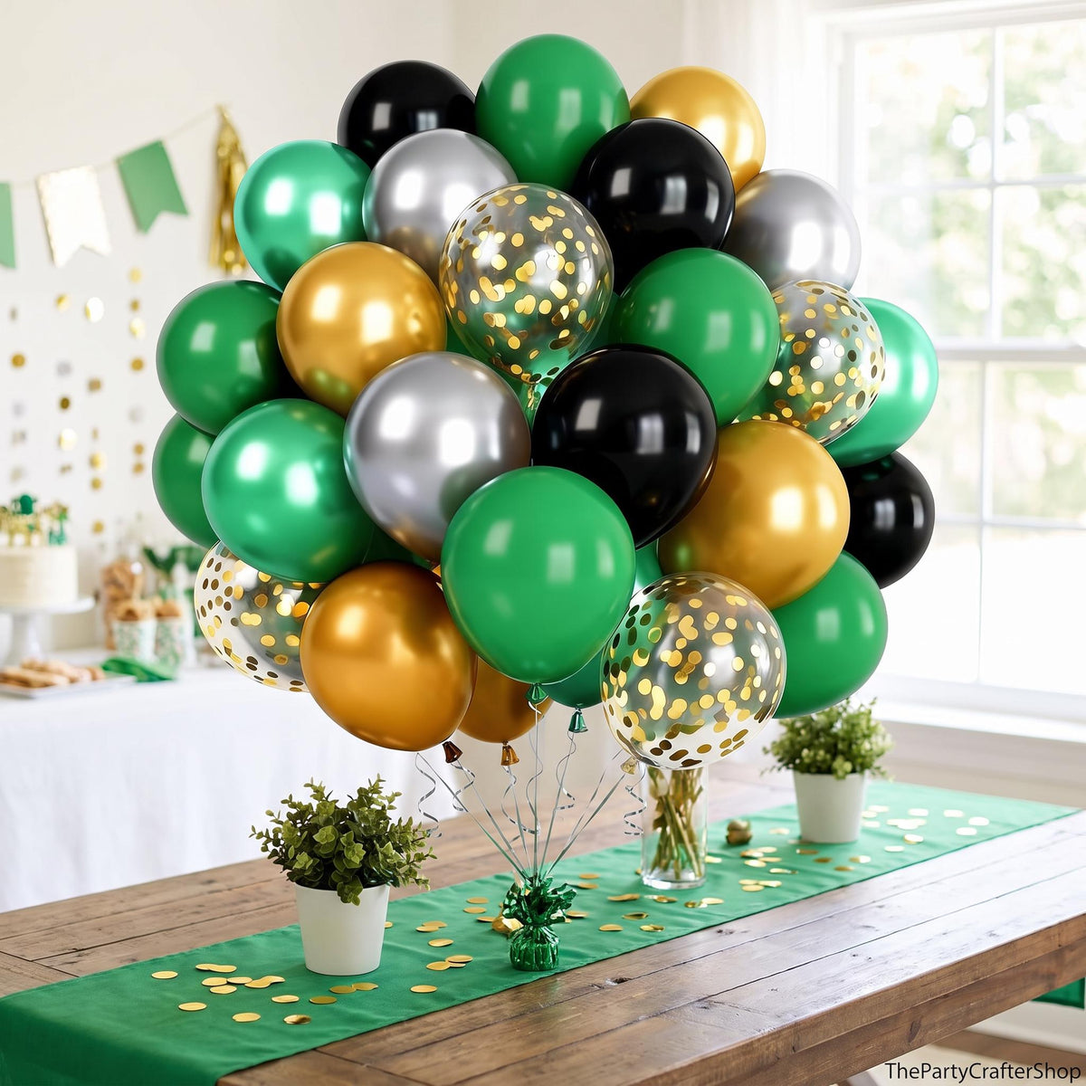 Metallic Silver, Green, Gold Balloons with Confetti, Party Decoration Supplies