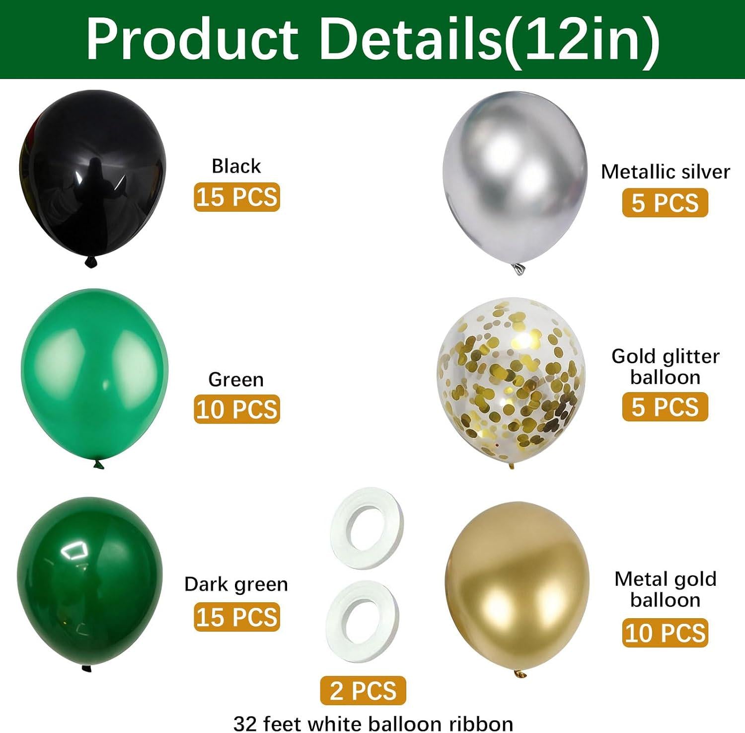 Metallic Silver, Green, Gold Balloons with Confetti, Party Decoration Supplies