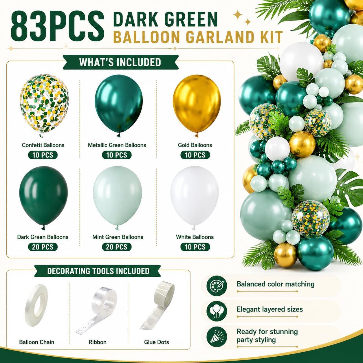 Green Gold Balloon Arch Kit, Graduation Party Decoration Supplies