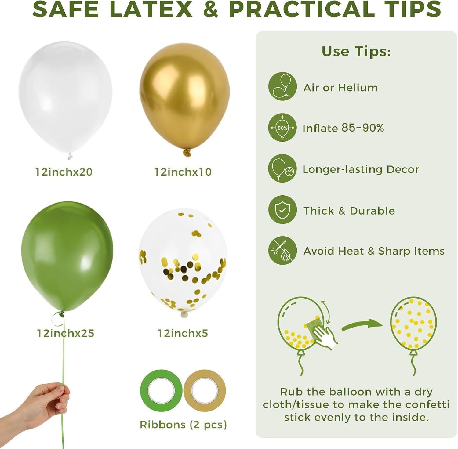 Sage Green Gold White Confetti Balloon Garland Kit, Boho Party Decorations