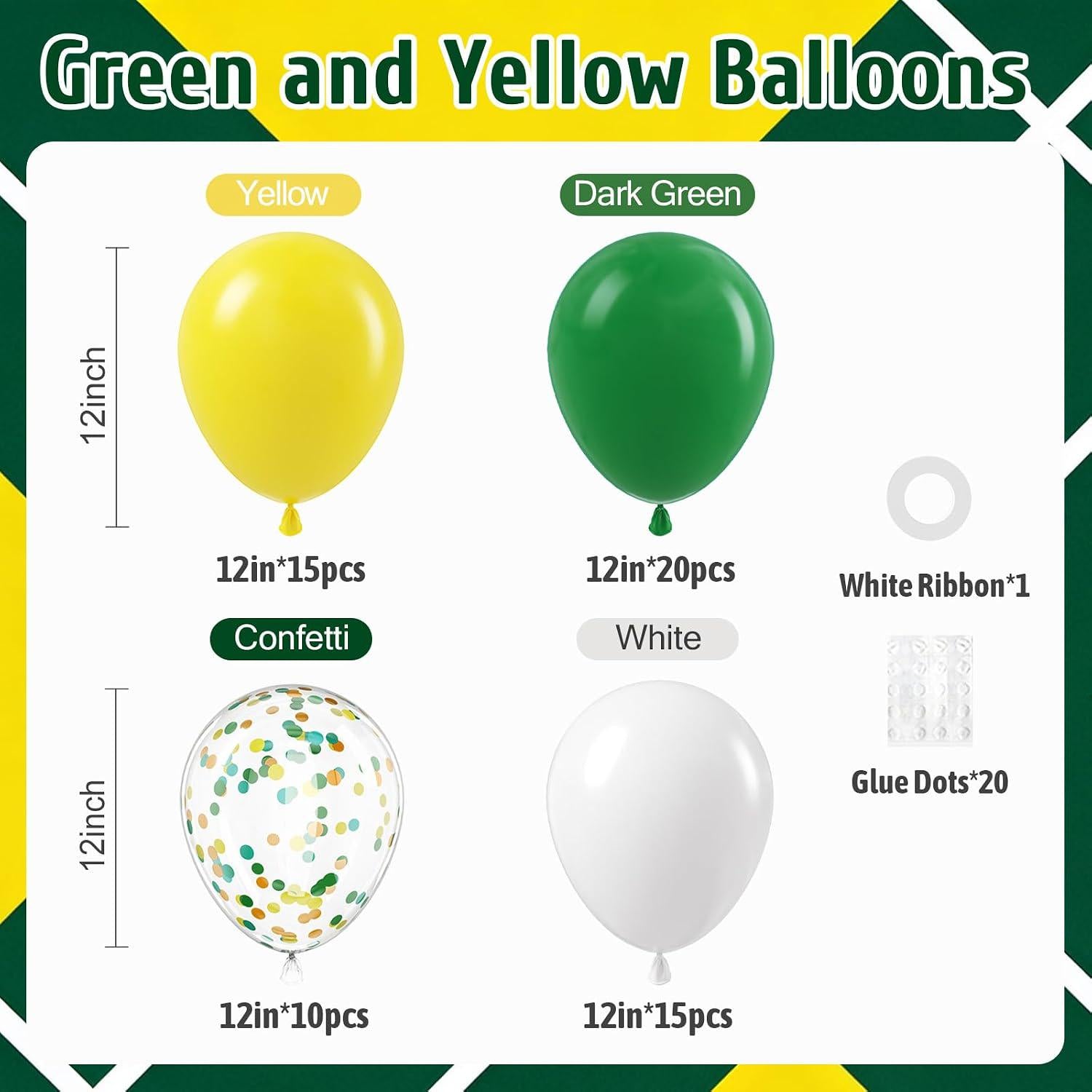 60Pcs Green Yellow Balloon Set, White Confetti Balloons, 12 Inch Birthday Party Decoration Supplies